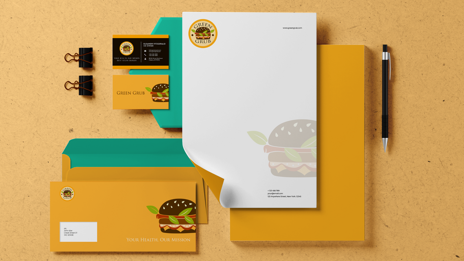 Green Grub Fast Food Logo Design Stationary