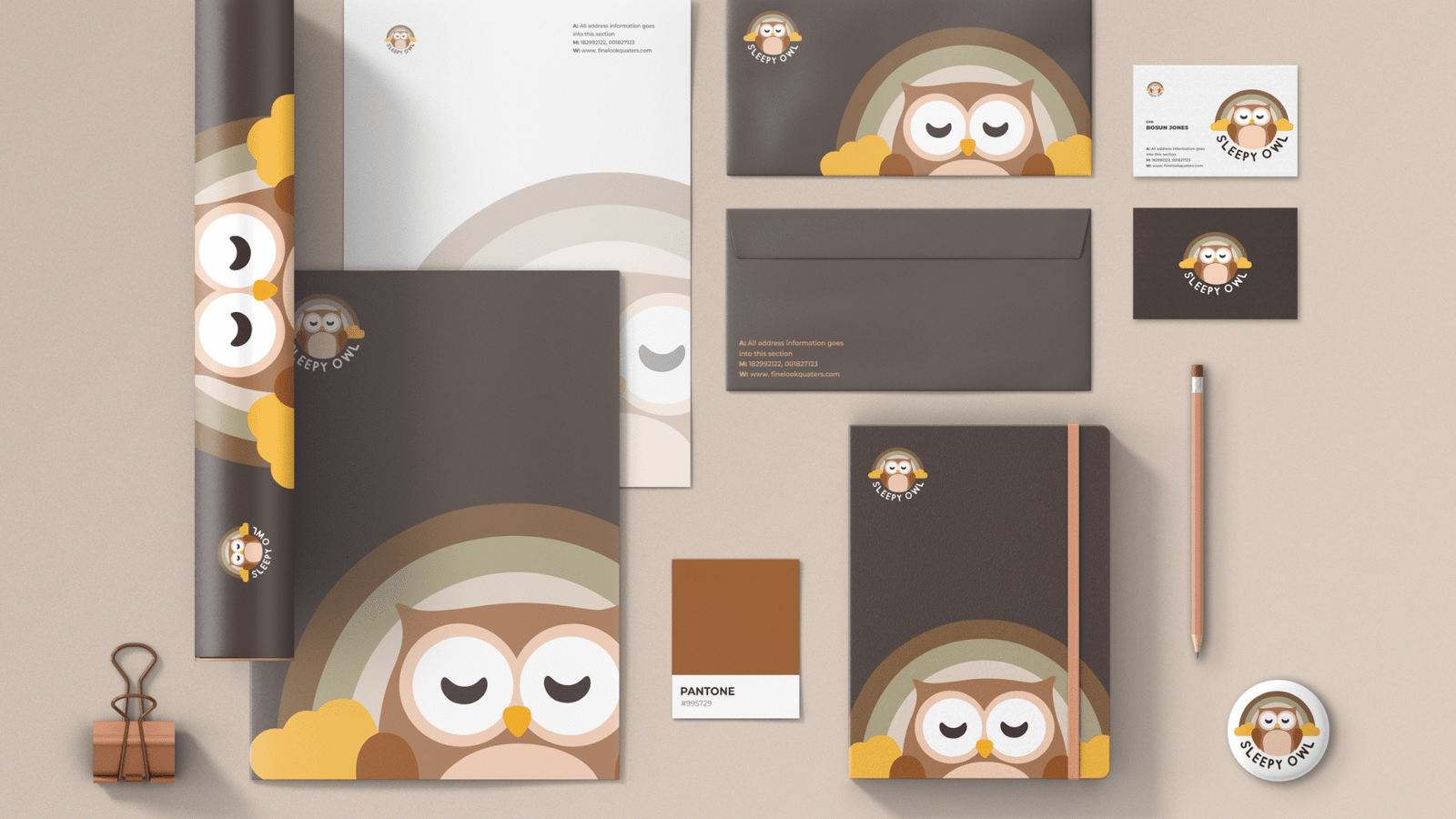 Sleepy Owl Logo Design Stationary
