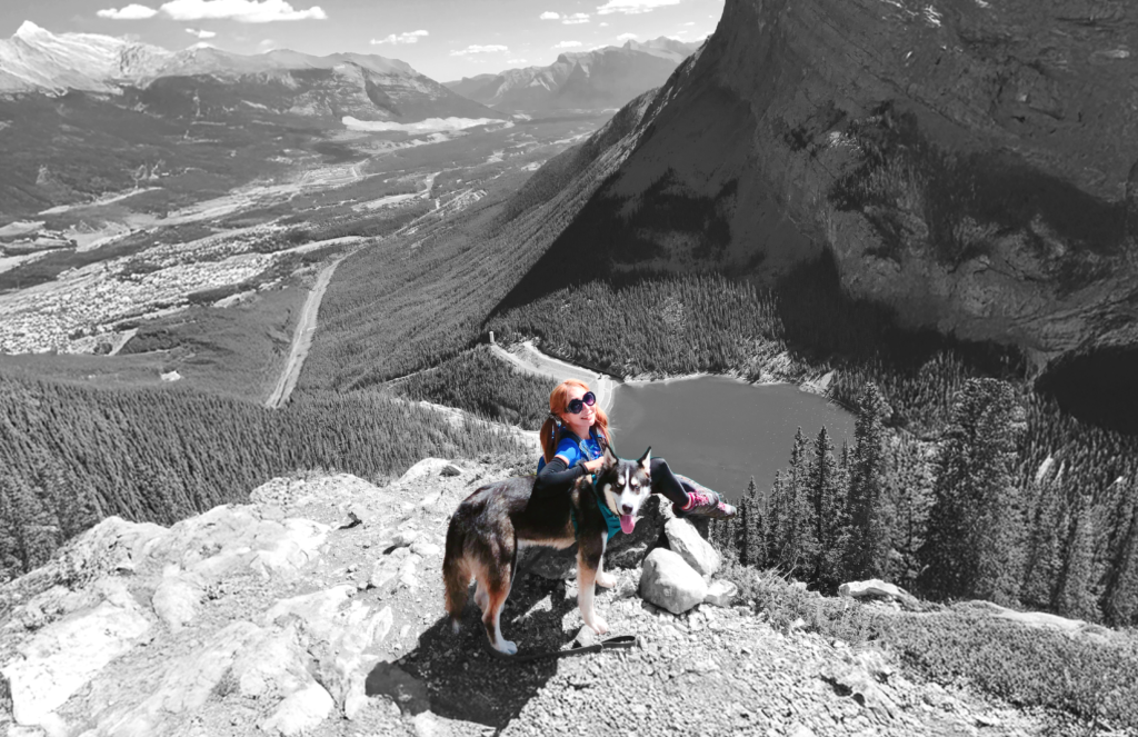 Linda - Graphic Designer, hiking with a dog, Siberian husky in Mount Rundle, Alberta
