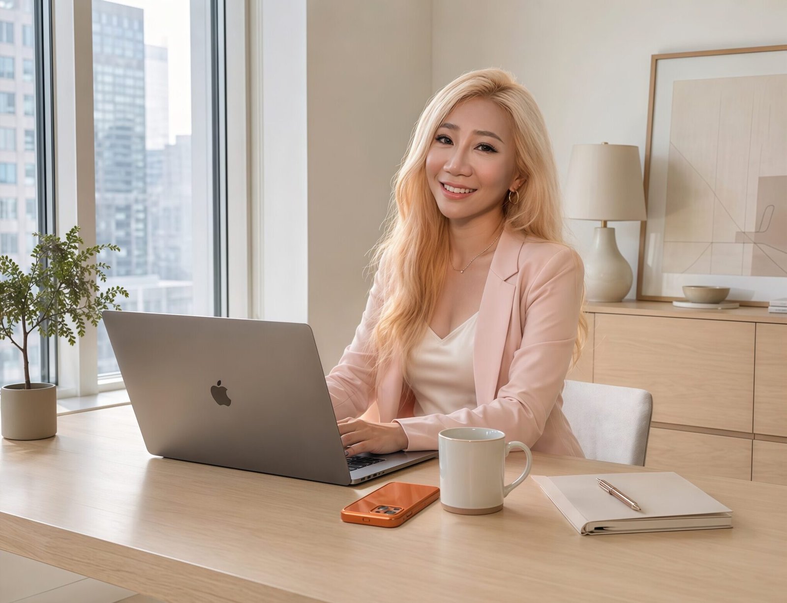 A woman sitting on the desk, smiling, working on her laptop.