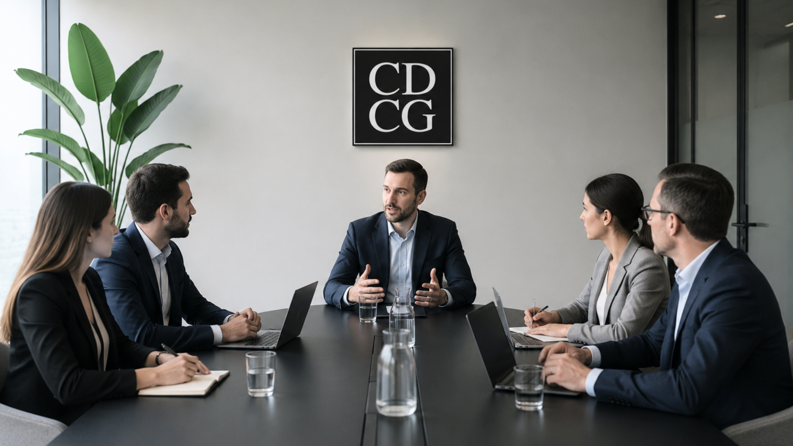 Business people are meeting in the office, CDCG logo on the wall