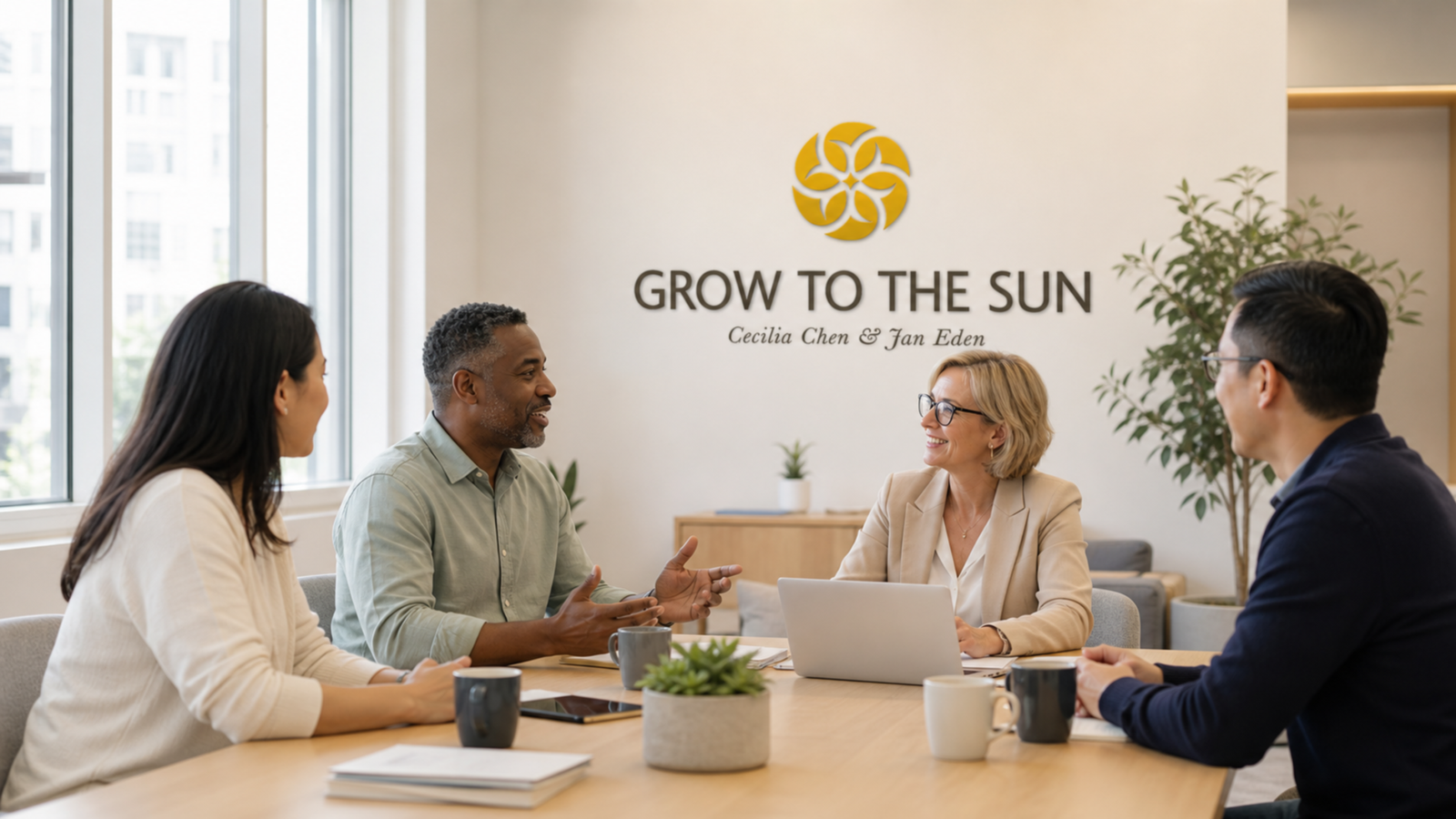 A group of people meeting in the grow to the Sun office